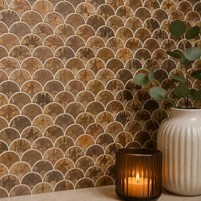 Mosaikfliese Fächer XK FS 46 - 28,3 x 29,2 cm, Kupfer, Matt - Rustikale braune und kupferfarbene Fischschuppen-Mosaikfliesen an einer Wand.