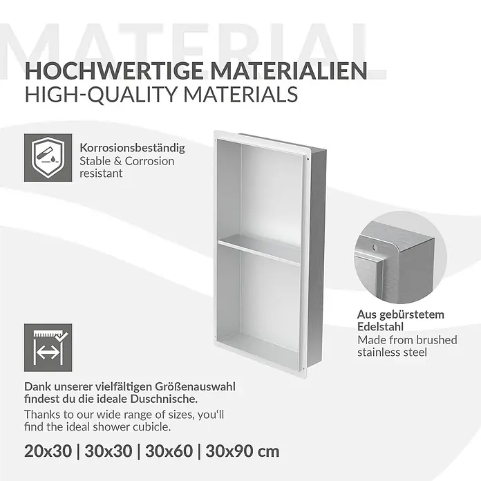 LuxeBath CW-Standprofil - 300 x 100 x 5 mm - Einbau-Duschnische aus gebürstetem Edelstahl mit zwei Fächern.