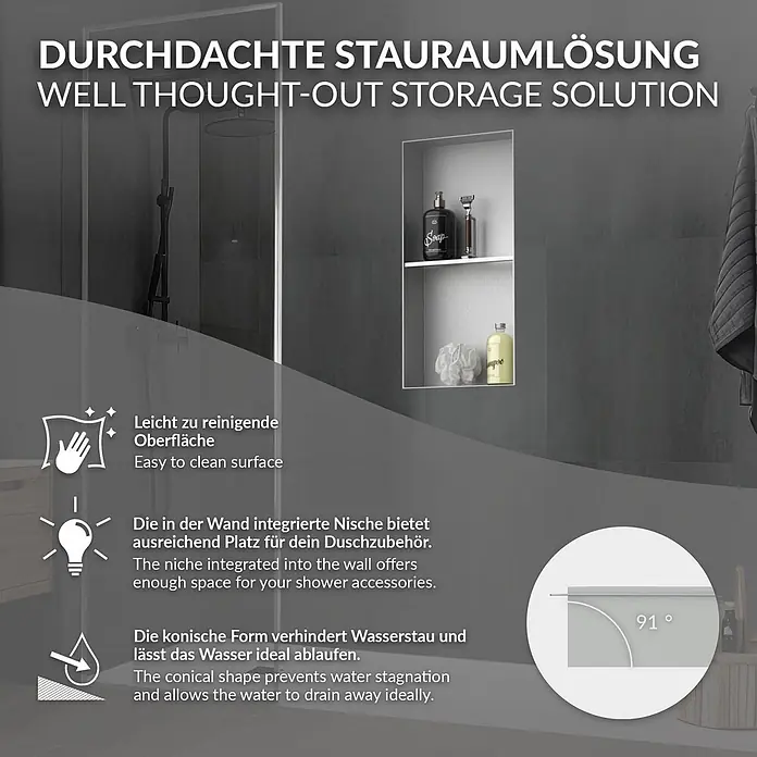 LuxeBath CW-Standprofil - 300 x 100 x 5 mm - Moderne weiße Duschnische in dunkler Duschwand für Zubehör, leicht zu reinigen und mit effektiver Entwässerung.