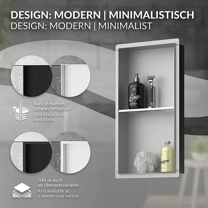 LuxeBath CW-Standprofil - 300 x 100 x 5 mm - Zweistöckige Wandnische aus gebürstetem Edelstahl. Auch in Mattschwarz und als Überputzvariante für nahtlose Integration erhältlich.