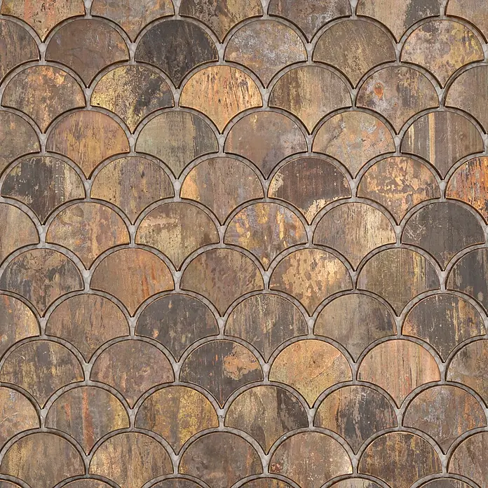 Mosaikfliese Fächer XK FS 46 - 28,3 x 29,2 cm, Kupfer, Matt - Metallische Fischschuppenfliesen mit verwitterten Kupfer- und Bronzetönen in Mosaikmuster.