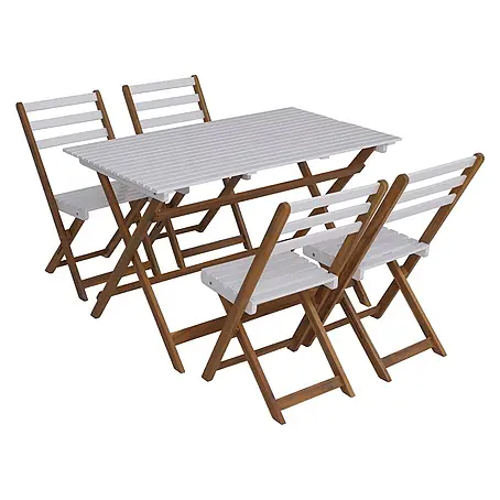 Garnitur Sitzgruppe | Gartenmöbel-Set Essgruppe 4x Stuhl Tisch | Akazie Holz klappbar | Natur-Weiß