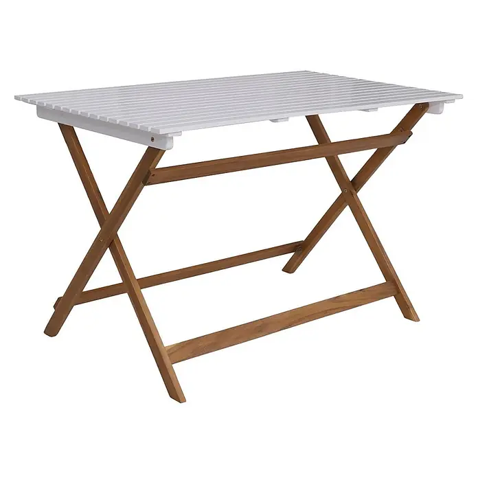 Garnitur Sitzgruppe | Gartenmöbel-Set Essgruppe 4x Stuhl Tisch | Akazie Holz klappbar | Natur-Weiß -  - Klappbarer rechteckiger Tisch mit weißer Lattenplatte und braunen hölzernen X-Beinen.
