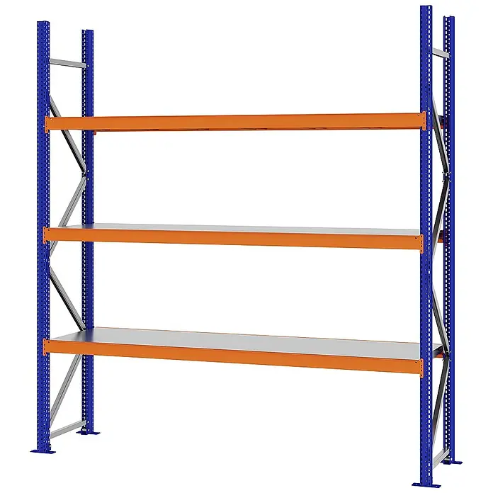 Proregal Schwerlastregal Weitspannregal MAGNUS PRO mit Stahlboden - H x B x T: 250 x 225 x 50 cm, Traglast pro Boden: 520 kg, Anzahl Böden: 3 Stk., Schrauben, Blau-Orange