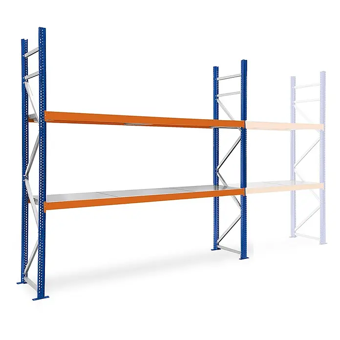 Proregal Schwerlastregal Weitspannregal MAGNUS PRO mit Stahlboden - H x B x T: 250 x 225 x 50 cm, Traglast pro Boden: 520 kg, Anzahl Böden: 3 Stk., Schrauben, Blau-Orange