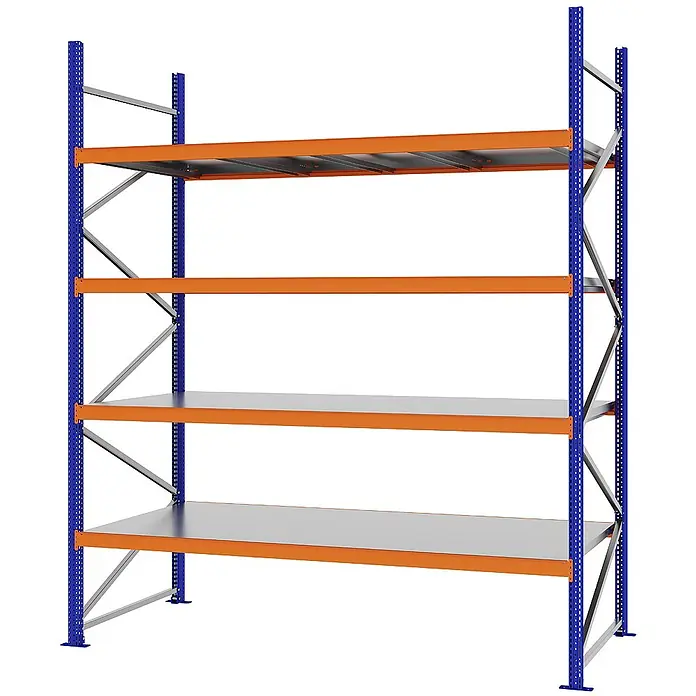 Proregal Schwerlastregal Weitspannregal MAGNUS PRO mit Stahlboden - H x B x T: 300 x 250 x 100 cm, Traglast pro Boden: 430 kg, Anzahl Böden: 4 Stk., Schrauben, Blau-Orange