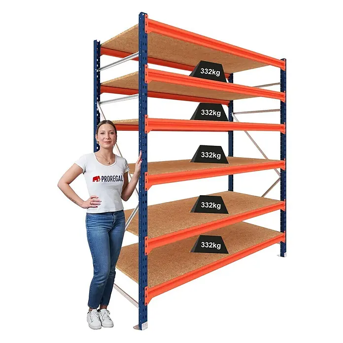 Proregal Schwerlastregal Grundregal DOMINUS mit Spanplatten - H x B x T: 300 x 240 x 40 cm, Traglast pro Boden: 332 kg, Anzahl Böden: 6 Stk., Stecken, Blau/Orange