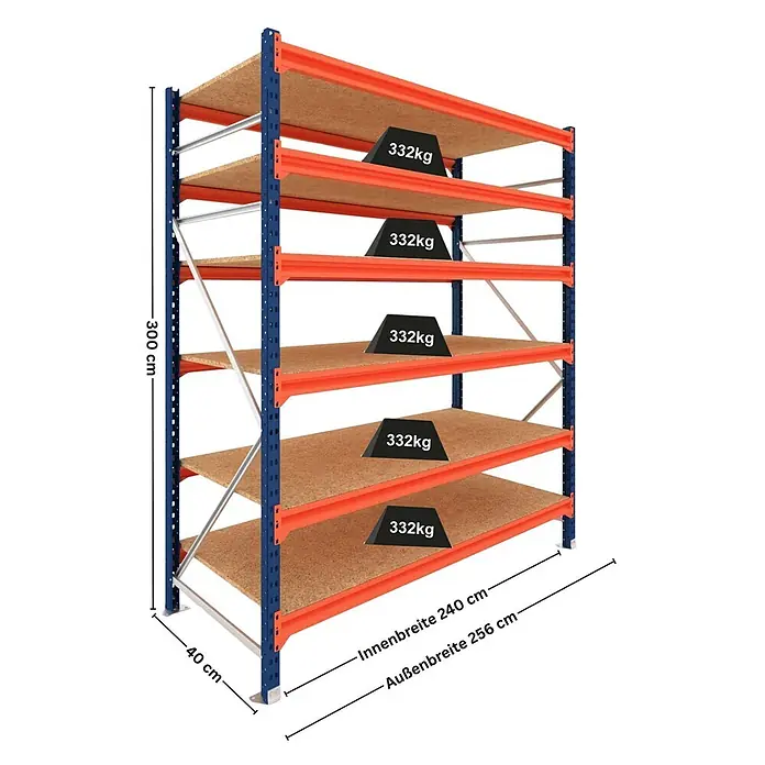 Proregal Schwerlastregal Grundregal DOMINUS mit Spanplatten - H x B x T: 300 x 240 x 40 cm, Traglast pro Boden: 332 kg, Anzahl Böden: 6 Stk., Stecken, Blau/Orange
