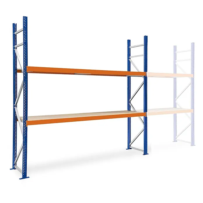 Proregal Schwerlastregal Weitspannregal MAGNUS PRO mit Spanplatten - H x B x T: 200 x 150 x 80 cm, Traglast pro Boden: 750 kg, Anzahl Böden: 2 Stk., Schrauben, Blau-Orange