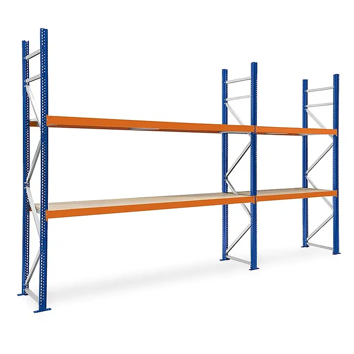 Proregal Schwerlastregal Weitspannregal MAGNUS PRO mit Spanplatten - H x B x T: 200 x 150 x 80 cm, Traglast pro Boden: 750 kg, Anzahl Böden: 2 Stk., Schrauben, Blau-Orange
