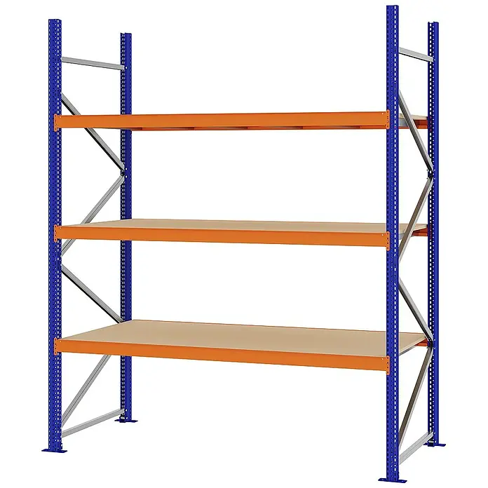 Proregal Schwerlastregal Weitspannregal MAGNUS PRO mit Spanplatten - H x B x T: 250 x 200 x 80 cm, Traglast pro Boden: 600 kg, Anzahl Böden: 3 Stk., Schrauben, Blau-Orange
