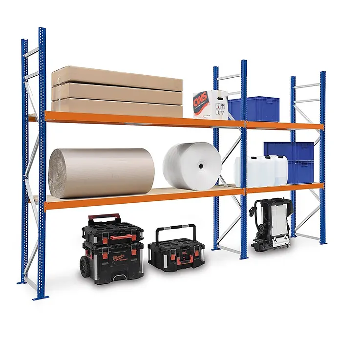 Proregal Schwerlastregal Weitspannregal MAGNUS PRO mit Spanplatten - H x B x T: 200 x 150 x 80 cm, Traglast pro Boden: 750 kg, Anzahl Böden: 2 Stk., Schrauben, Blau-Orange