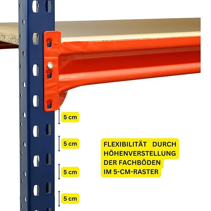 Proregal Schwerlastregal DOMINUS 2er Set mit Spanplatten - H x B x T: 300 x 240 x 40 cm, Traglast pro Boden: 332 kg, Anzahl Böden: 4 Stk., Stecken, Blau/Orange