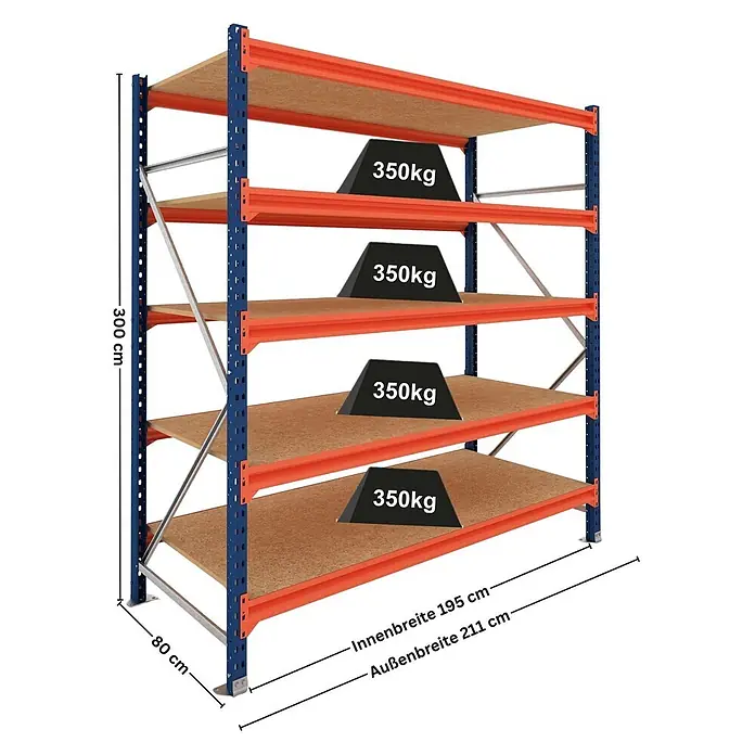 Proregal Schwerlastregal Grundregal DOMINUS mit Spanplatten - H x B x T: 300 x 195 x 80 cm, Traglast pro Boden: 350 kg, Anzahl Böden: 5 Stk., Stecken, Blau/Orange
