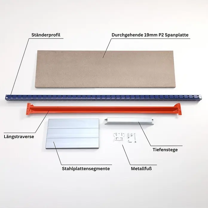 Proregal Schwerlastregal DOMINUS 2er Set mit Spanplatten - H x B x T: 300 x 240 x 40 cm, Traglast pro Boden: 332 kg, Anzahl Böden: 4 Stk., Stecken, Blau/Orange