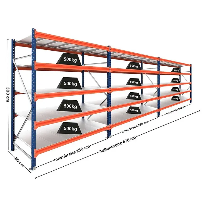 Proregal Schwerlastregal DOMINUS 3er Set mit Stahlplatten - H x B x T: 300 x 150 x 80 cm, Traglast pro Boden: 500 kg, Anzahl Böden: 5 Stk., Stecken, Blau/Orange