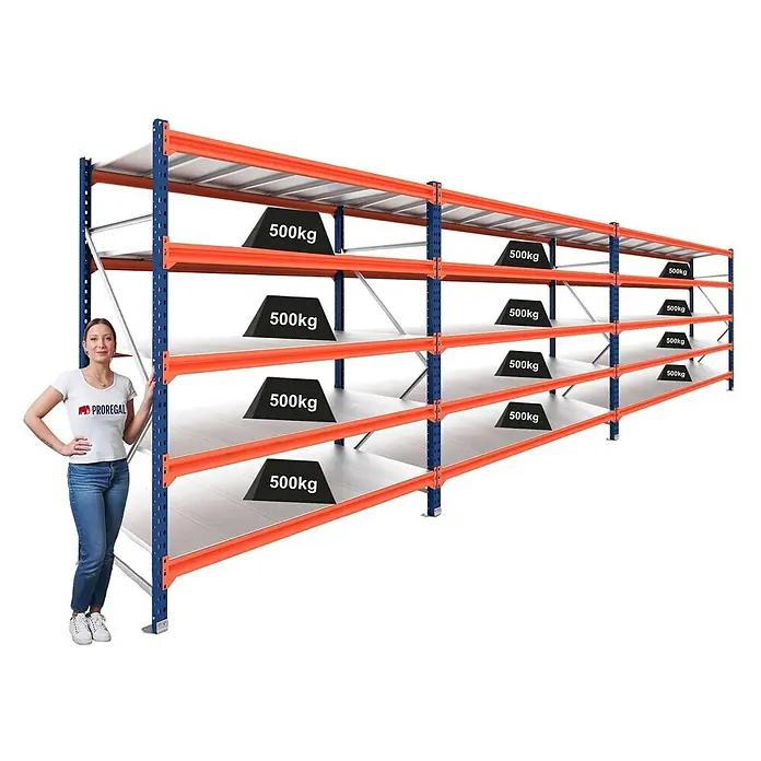 Proregal Schwerlastregal DOMINUS 3er Set mit Stahlplatten - H x B x T: 300 x 150 x 80 cm, Traglast pro Boden: 500 kg, Anzahl Böden: 5 Stk., Stecken, Blau/Orange
