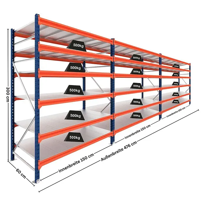 Proregal Schwerlastregal DOMINUS 3er Set mit Stahlplatten - H x B x T: 300 x 150 x 60 cm, Traglast pro Boden: 500 kg, Anzahl Böden: 6 Stk., Stecken, Blau/Orange