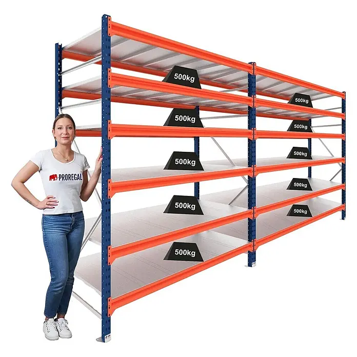 Proregal Schwerlastregal DOMINUS 2er Set mit Stahlplatten - H x B x T: 300 x 150 x 80 cm, Traglast pro Boden: 500 kg, Anzahl Böden: 6 Stk., Stecken, Blau/Orange