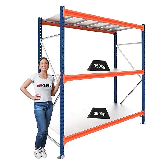 Proregal Schwerlastregal Grundregal DOMINUS mit Stahlplatten - H x B x T: 300 x 195 x 80 cm, Traglast pro Boden: 350 kg, Anzahl Böden: 3 Stk., Stecken, Blau/Orange