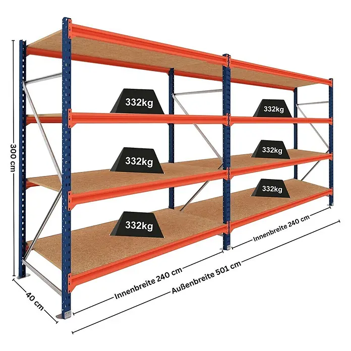 Proregal Schwerlastregal DOMINUS 2er Set mit Spanplatten - H x B x T: 300 x 240 x 40 cm, Traglast pro Boden: 332 kg, Anzahl Böden: 4 Stk., Stecken, Blau/Orange