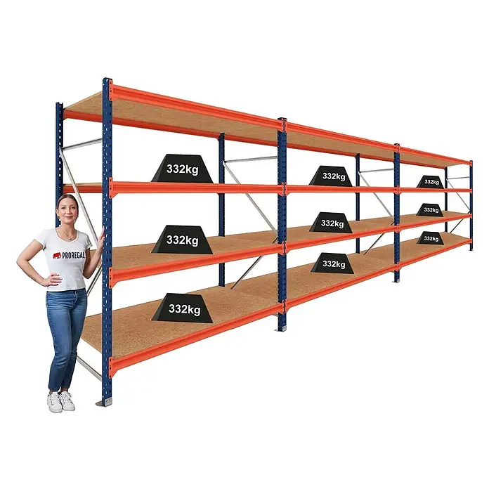 Proregal Schwerlastregal DOMINUS 3er Set mit Spanplatten - H x B x T: 300 x 240 x 40 cm, Traglast pro Boden: 332 kg, Anzahl Böden: 4 Stk., Stecken, Blau/Orange