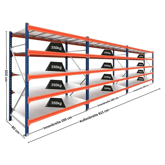 Proregal Schwerlastregal DOMINUS 3er Set mit Stahlplatten - H x B x T: 300 x 195 x 80 cm, Traglast pro Boden: 350 kg, Anzahl Böden: 5 Stk., Stecken, Blau/Orange