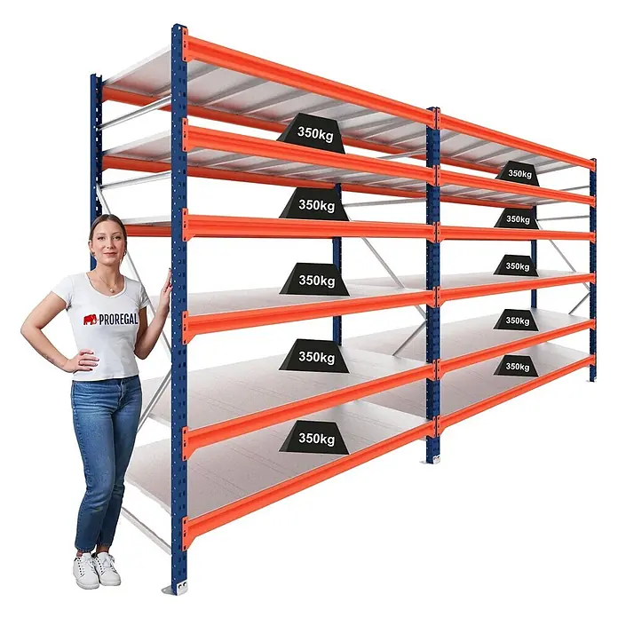 Proregal Schwerlastregal DOMINUS 2er Set mit Stahlplatten - H x B x T: 300 x 195 x 60 cm, Traglast pro Boden: 350 kg, Anzahl Böden: 6 Stk., Stecken, Blau/Orange