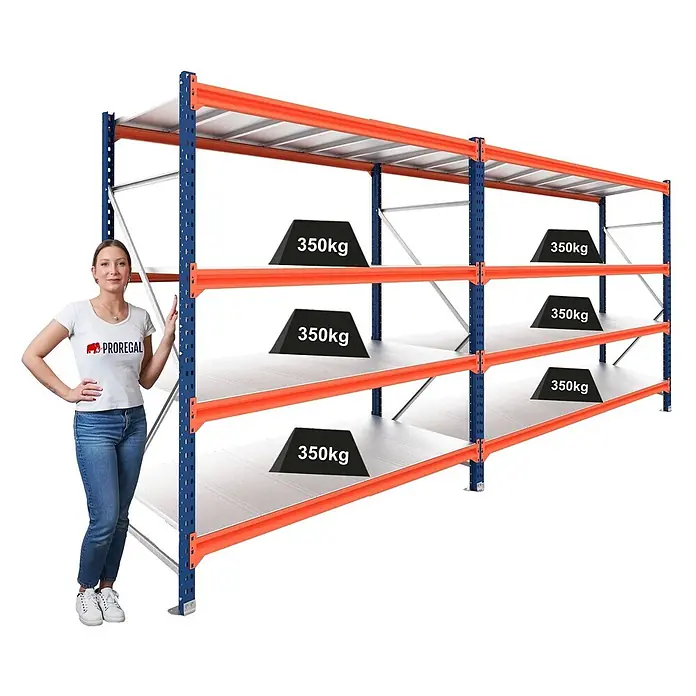 Proregal Schwerlastregal DOMINUS 2er Set mit Stahlplatten - H x B x T: 300 x 195 x 80 cm, Traglast pro Boden: 350 kg, Anzahl Böden: 4 Stk., Stecken, Blau/Orange