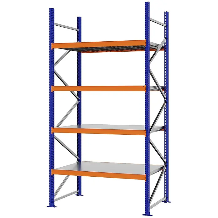 Proregal Schwerlastregal Weitspannregal MAGNUS PRO mit Stahlboden - H x B x T: 300 x 150 x 80 cm, Traglast pro Boden: 750 kg, Anzahl Böden: 4 Stk., Schrauben, Blau-Orange