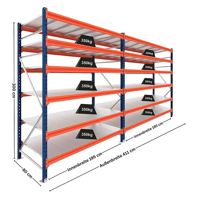 Proregal Schwerlastregal DOMINUS 2er Set mit Stahlplatten - H x B x T: 300 x 195 x 80 cm, Traglast pro Boden: 350 kg, Anzahl Böden: 6 Stk., Stecken, Blau/Orange