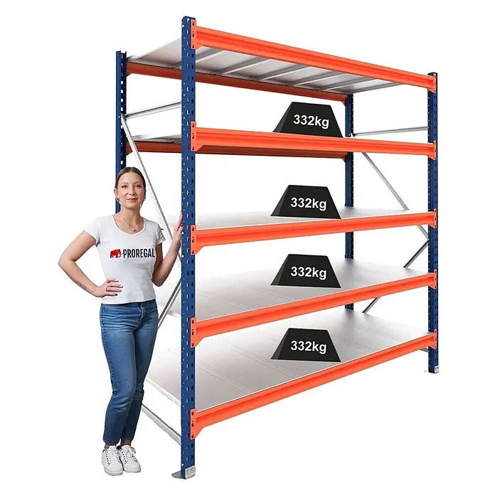 Proregal Schwerlastregal Grundregal DOMINUS mit Stahlplatten - H x B x T: 300 x 240 x 100 cm, Traglast pro Boden: 332 kg, Anzahl Böden: 5 Stk., Stecken, Blau/Orange