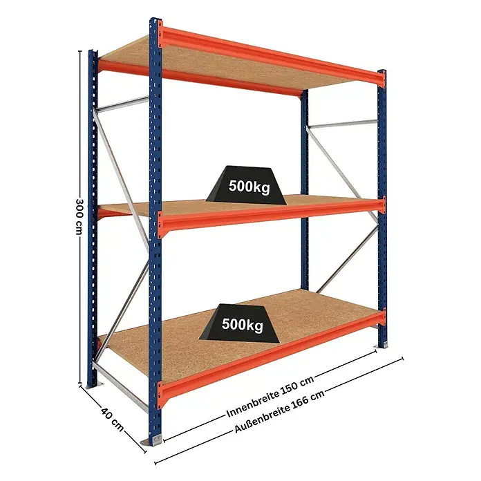 Proregal Schwerlastregal Grundregal DOMINUS mit Spanplatten - H x B x T: 300 x 150 x 40 cm, Traglast pro Boden: 500 kg, Anzahl Böden: 3 Stk., Stecken, Blau/Orange