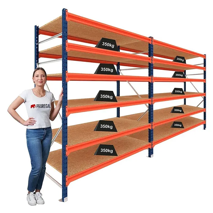 Proregal Schwerlastregal DOMINUS 2er Set mit Spanplatten - H x B x T: 300 x 195 x 100 cm, Traglast pro Boden: 350 kg, Anzahl Böden: 6 Stk., Stecken, Blau/Orange