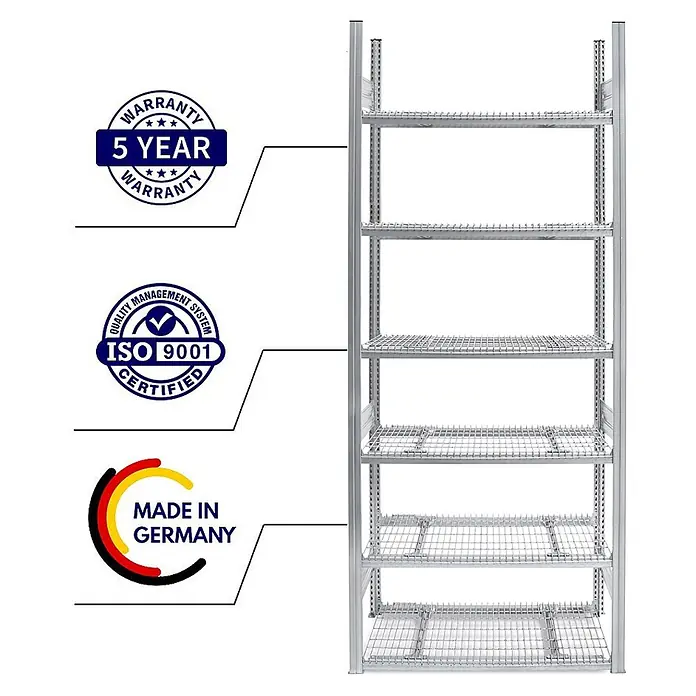 Proregal Schwerlastregal Drahtgitterbodenregal MAGNUS - H x B x T: 250 x 100 x 50 cm, Traglast pro Boden: 250 kg, Anzahl Böden: 6 Stk., Stecken, Verzinkt