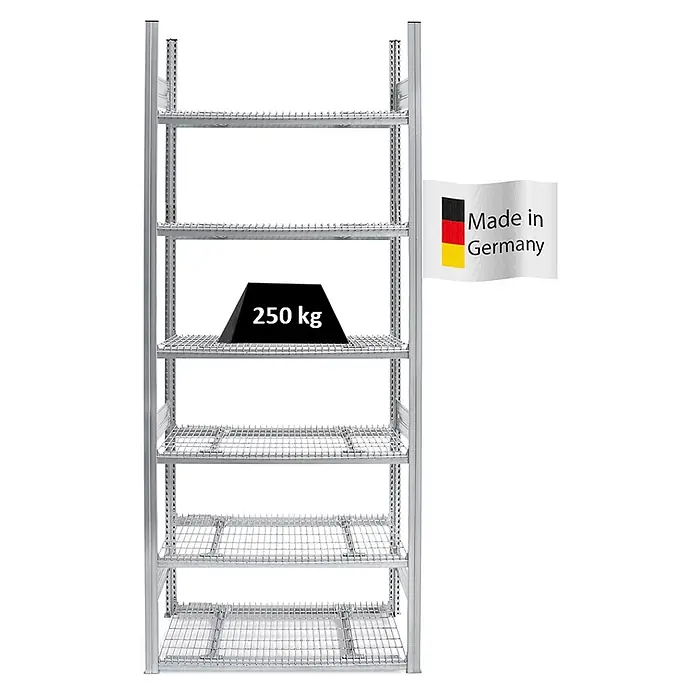 Proregal Schwerlastregal Drahtgitterbodenregal MAGNUS - H x B x T: 250 x 100 x 50 cm, Traglast pro Boden: 250 kg, Anzahl Böden: 6 Stk., Stecken, Verzinkt