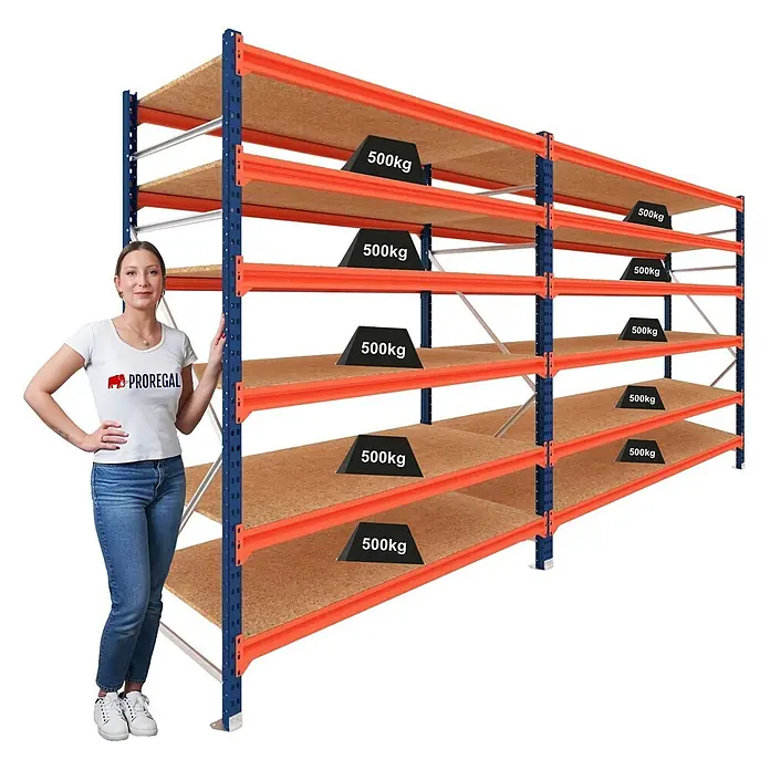 Proregal Schwerlastregal DOMINUS 2er Set mit Spanplatten - H x B x T: 300 x 150 x 60 cm, Traglast pro Boden: 500 kg, Anzahl Böden: 6 Stk., Stecken, Blau/Orange