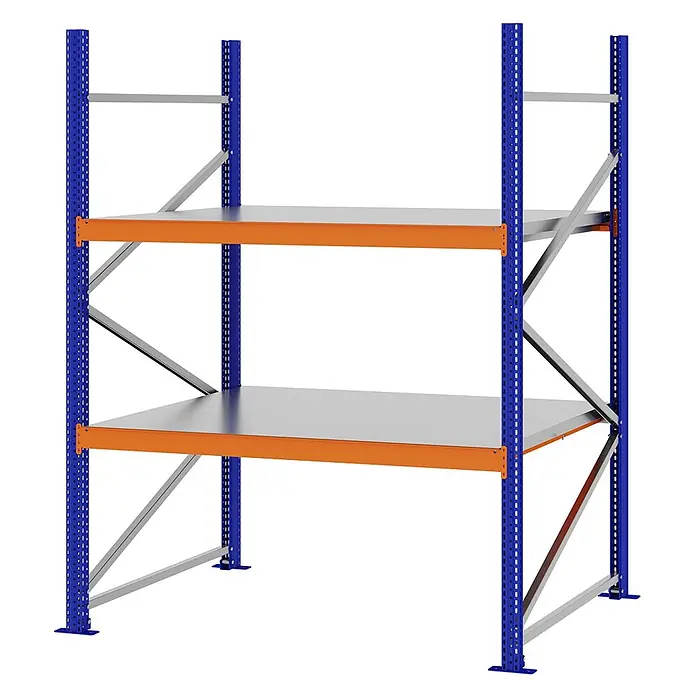 Proregal Schwerlastregal Weitspannregal MAGNUS PRO mit Stahlboden - H x B x T: 200 x 150 x 100 cm, Traglast pro Boden: 750 kg, Anzahl Böden: 2 Stk., Schrauben, Blau-Orange