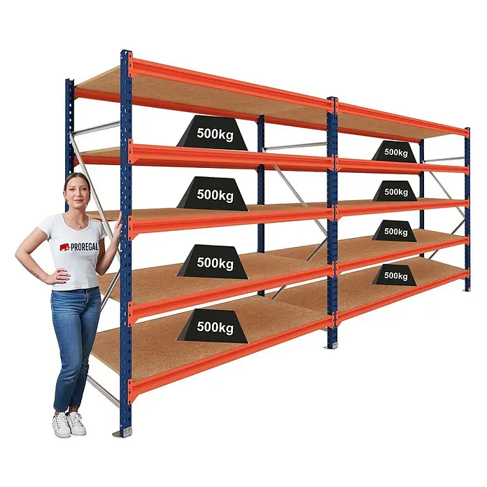 Proregal Schwerlastregal DOMINUS 2er Set mit Spanplatten - H x B x T: 300 x 150 x 60 cm, Traglast pro Boden: 500 kg, Anzahl Böden: 5 Stk., Stecken, Blau/Orange