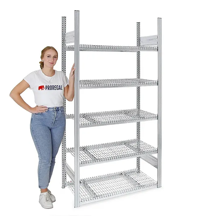 Proregal Schwerlastregal Drahtgitterbodenregal MAGNUS - H x B x T: 200 x 130 x 80 cm, Traglast pro Boden: 250 kg, Anzahl Böden: 5 Stk., Stecken, Verzinkt