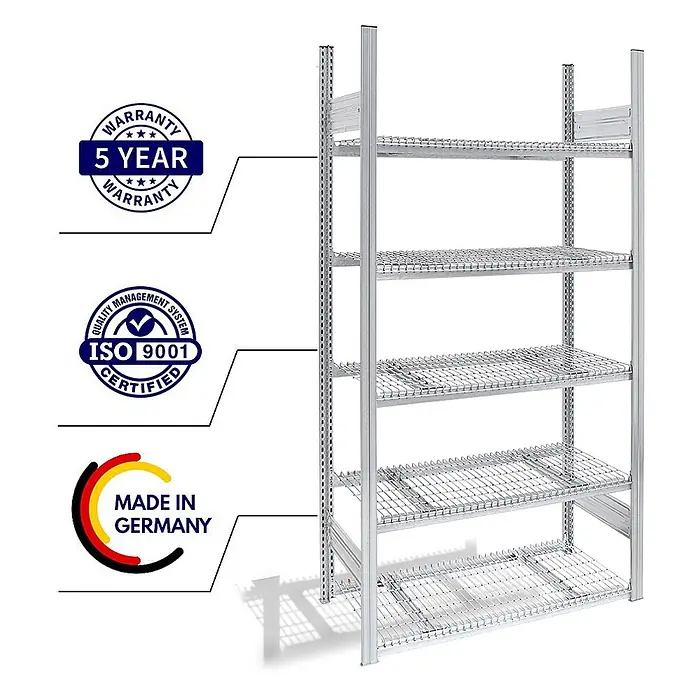 Proregal Schwerlastregal Drahtgitterbodenregal MAGNUS - H x B x T: 200 x 130 x 80 cm, Traglast pro Boden: 250 kg, Anzahl Böden: 5 Stk., Stecken, Verzinkt