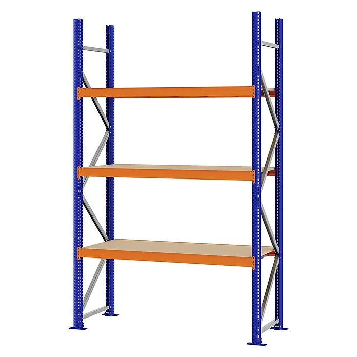Proregal Schwerlastregal Weitspannregal MAGNUS PRO mit Spanplatten - H x B x T: 250 x 150 x 50 cm, Traglast pro Boden: 750 kg, Anzahl Böden: 3 Stk., Schrauben, Blau-Orange