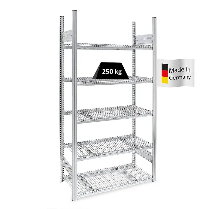 Proregal Schwerlastregal Drahtgitterbodenregal MAGNUS - H x B x T: 200 x 130 x 80 cm, Traglast pro Boden: 250 kg, Anzahl Böden: 5 Stk., Stecken, Verzinkt