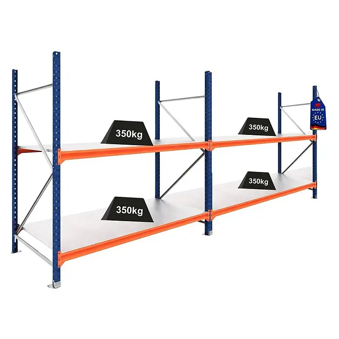 Proregal Schwerlastregal DOMINUS 2er Set mit Stahlplatten - H x B x T: 300 x 195 x 40 cm, Traglast pro Boden: 350 kg, Anzahl Böden: 2 Stk., Stecken, Blau/Orange