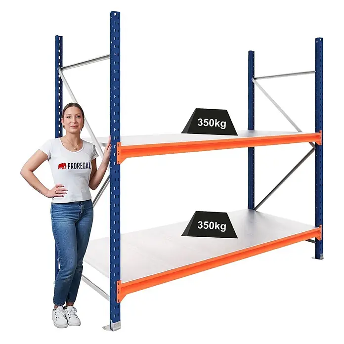 Proregal Schwerlastregal Grundregal DOMINUS mit Stahlplatten - H x B x T: 300 x 195 x 100 cm, Traglast pro Boden: 350 kg, Anzahl Böden: 2 Stk., Stecken, Blau/Orange