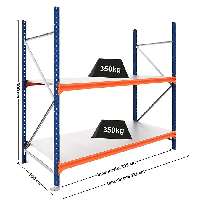 Proregal Schwerlastregal Grundregal DOMINUS mit Stahlplatten - H x B x T: 300 x 195 x 100 cm, Traglast pro Boden: 350 kg, Anzahl Böden: 2 Stk., Stecken, Blau/Orange