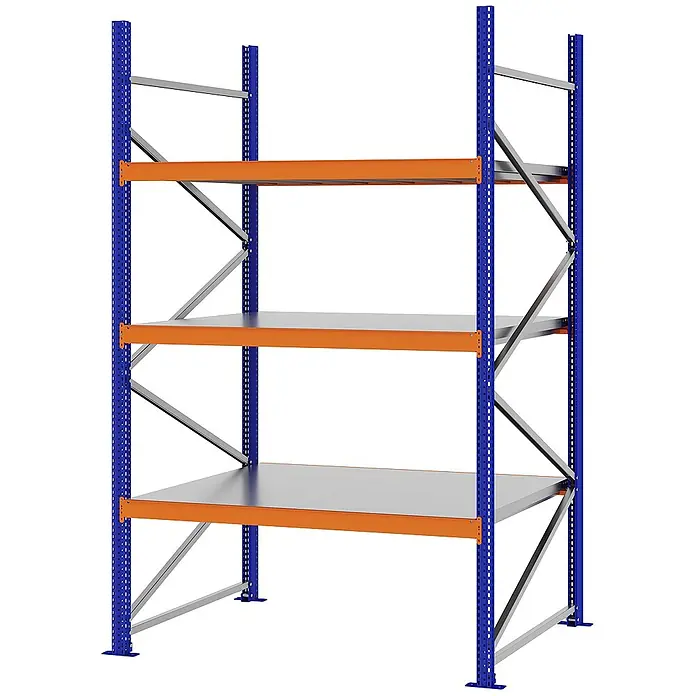 Proregal Schwerlastregal Weitspannregal MAGNUS PRO mit Stahlboden - H x B x T: 250 x 150 x 100 cm, Traglast pro Boden: 750 kg, Anzahl Böden: 3 Stk., Schrauben, Blau-Orange