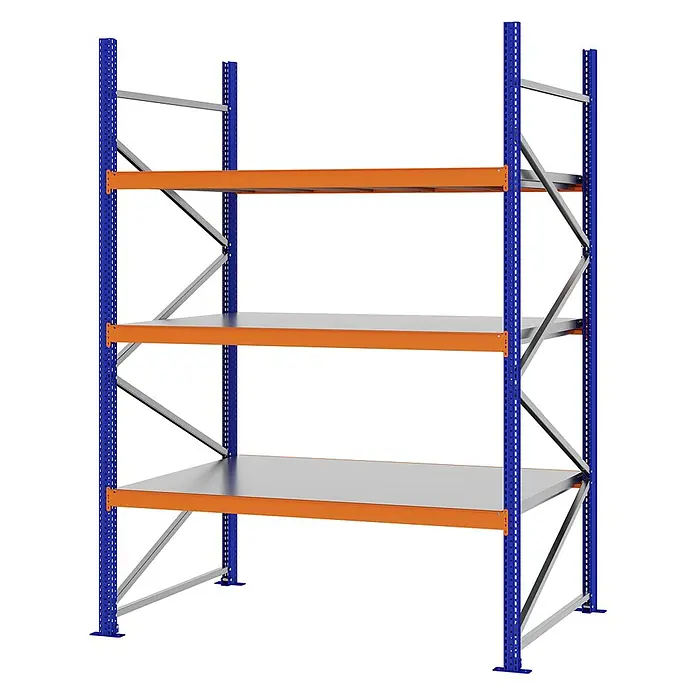 Proregal Schwerlastregal Weitspannregal MAGNUS PRO mit Stahlboden - H x B x T: 250 x 175 x 100 cm, Traglast pro Boden: 700 kg, Anzahl Böden: 3 Stk., Schrauben, Blau-Orange