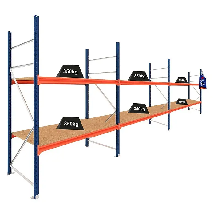 Proregal Schwerlastregal DOMINUS 3er Set mit Spanplatten - H x B x T: 300 x 195 x 100 cm, Traglast pro Boden: 350 kg, Anzahl Böden: 2 Stk., Stecken, Blau/Orange