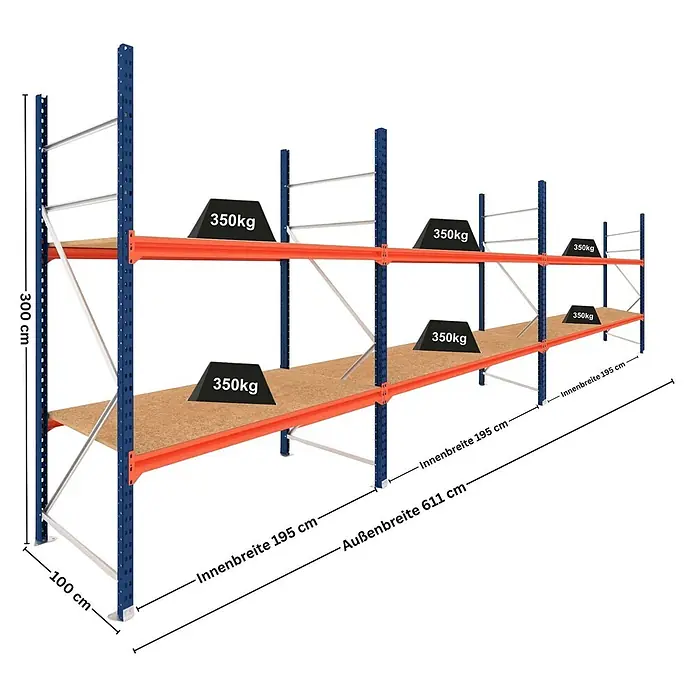Proregal Schwerlastregal DOMINUS 3er Set mit Spanplatten - H x B x T: 300 x 195 x 100 cm, Traglast pro Boden: 350 kg, Anzahl Böden: 2 Stk., Stecken, Blau/Orange